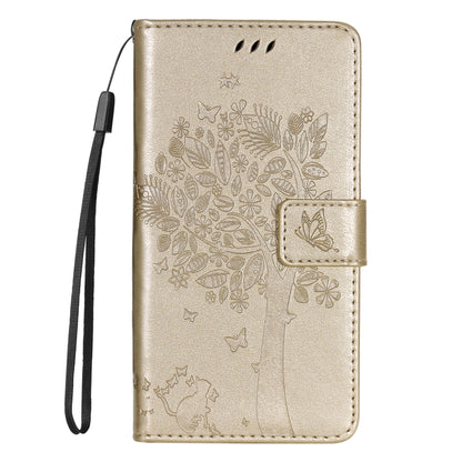 For iPhone 16 Plus Tree & Cat Embossed Pattern Flip Leather Phone Case(Gold) - iPhone 16 Plus Cases by buy2fix | Online Shopping UK | buy2fix