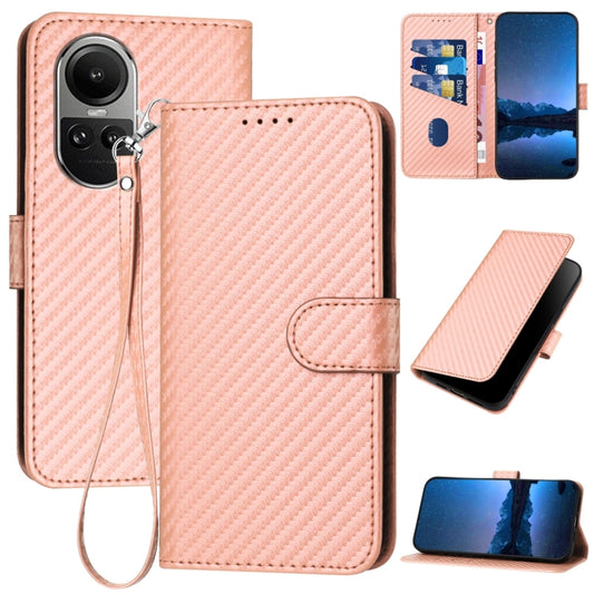 For OPPO Reno10 5G / Reno10 Pro 5G Global YX0070 Carbon Fiber Buckle Leather Phone Case with Lanyard(Pink) - OPPO Cases by buy2fix | Online Shopping UK | buy2fix