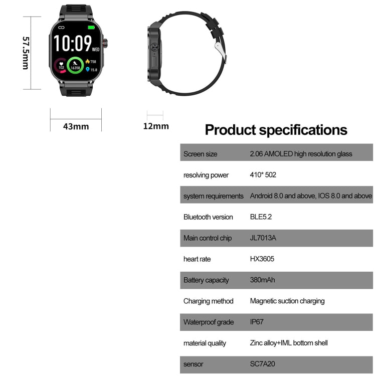 G40S 2.06 inch IP67 BT5.2 Sport Smart Watch, Support Bluetooth Call / Sleep / Blood Oxygen / Heart Rate / Blood Pressure Health Monitor(Silver) - Smart Watches by buy2fix | Online Shopping UK | buy2fix