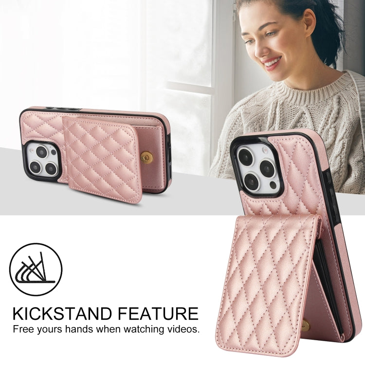 For iPhone 16 Pro YM015 Crossbody Rhombic Card Bag RFID Phone Case(Rose Gold) - iPhone 16 Pro Cases by buy2fix | Online Shopping UK | buy2fix