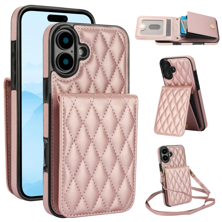 For iPhone 16 YM015 Crossbody Rhombic Card Bag RFID Phone Case(Rose Gold) - iPhone 16 Cases by buy2fix | Online Shopping UK | buy2fix