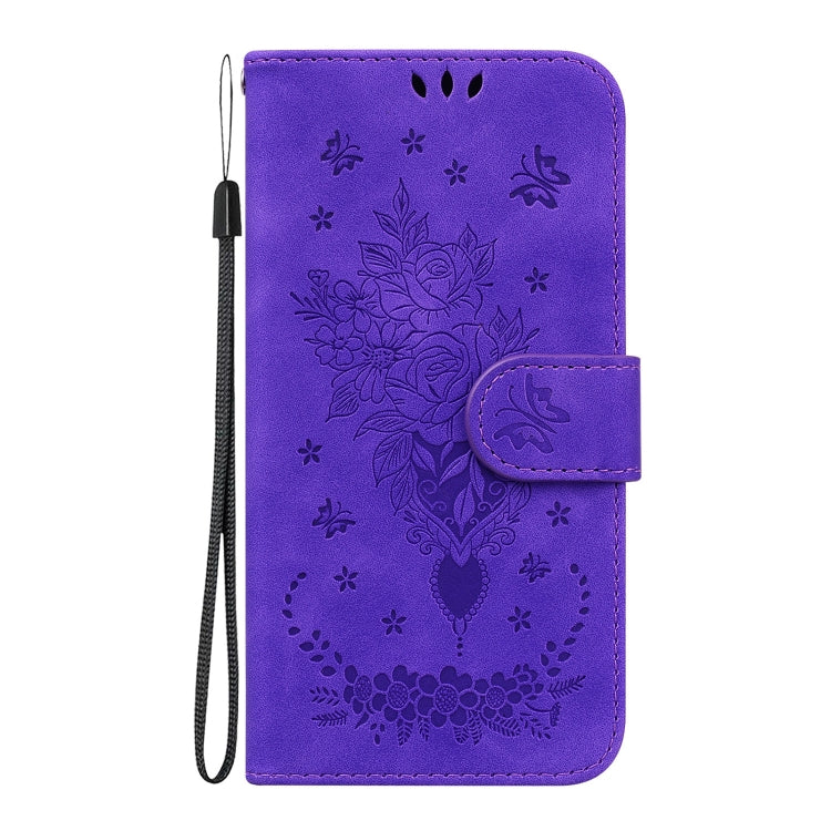 For iPhone 16 Pro Butterfly Rose Embossed Leather Phone Case(Purple) - iPhone 16 Pro Cases by buy2fix | Online Shopping UK | buy2fix