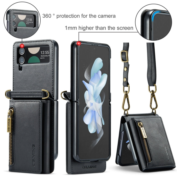 For Samsung Galaxy Z Flip3 5G DG.MING M5 Series Zip RFID Multi Card Detachable Leather Phone Case with Long Lanyard(Black) - Galaxy Phone Cases by DG.MING | Online Shopping UK | buy2fix