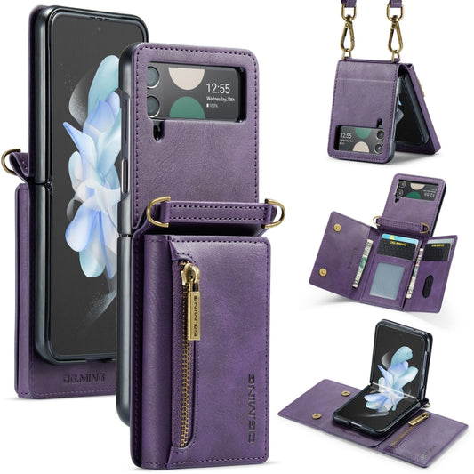 For Samsung Galaxy Z Flip3 5G DG.MING M5 Series Zip RFID Multi Card Detachable Leather Phone Case with Long Lanyard(Purple) - Galaxy Phone Cases by DG.MING | Online Shopping UK | buy2fix