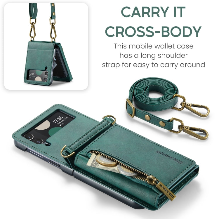 For Samsung Galaxy Z Flip3 5G DG.MING M5 Series Zip RFID Multi Card Detachable Leather Phone Case with Long Lanyard(Green) - Galaxy Phone Cases by DG.MING | Online Shopping UK | buy2fix