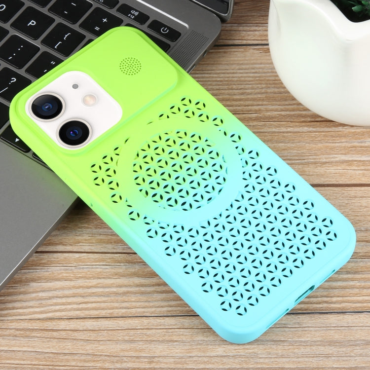 For iPhone 12 Gradient Color Honeycomb Aromatherapy MagSafe Phone Case(Green Blue) - iPhone 12 / 12 Pro Cases by buy2fix | Online Shopping UK | buy2fix