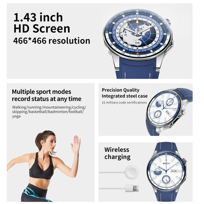 HD Watch X 1.43 inch IP68 BT5.3 Sport Smart Watch, Support Bluetooth Call / Sleep / Blood Oxygen / Heart Rate / Blood Pressure Health Monitor(Silver Steel + Blue Silicone Strap) - Smart Watches by buy2fix | Online Shopping UK | buy2fix