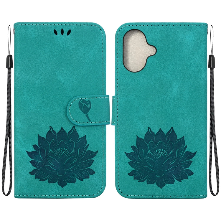 For iPhone 16 Plus Lotus Embossed Leather Phone Case(Green) - iPhone 16 Plus Cases by buy2fix | Online Shopping UK | buy2fix