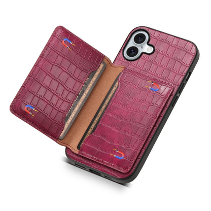 For iPhone 16 Crocodile Texture Card Bag Design Full Coverage Phone Case(Red) - iPhone 16 Cases by buy2fix | Online Shopping UK | buy2fix