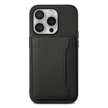 For iPhone 16 Pro Calf Texture Card Bag Design Full Coverage Phone Case(Black) - iPhone 16 Pro Cases by buy2fix | Online Shopping UK | buy2fix