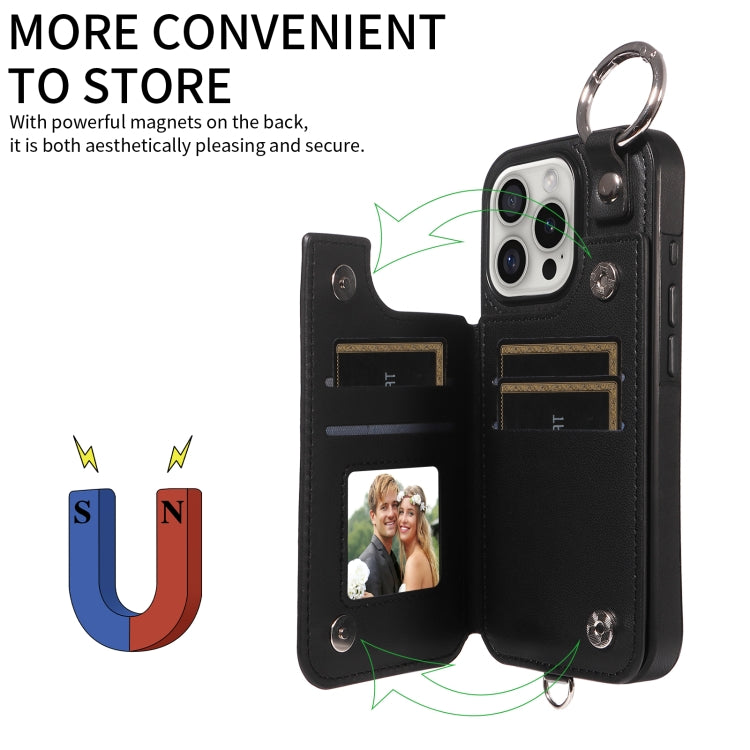 For iPhone 16 Pro Rhombic Texture Card Bag Phone Case with Short Lanyard(Black) - iPhone 16 Pro Cases by buy2fix | Online Shopping UK | buy2fix