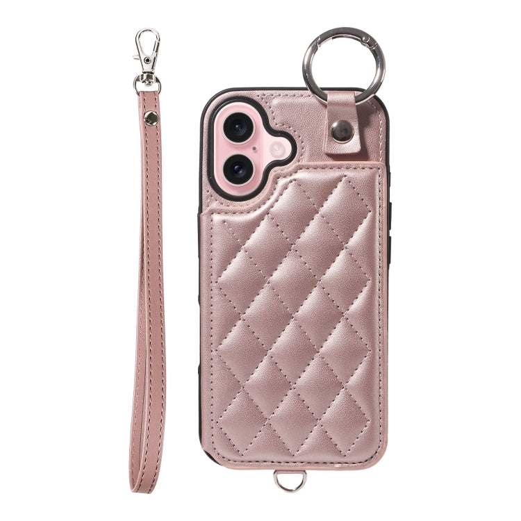 For iPhone 16 Rhombic Texture Card Bag Phone Case with Short Lanyard(Rose Gold) - iPhone 16 Cases by buy2fix | Online Shopping UK | buy2fix