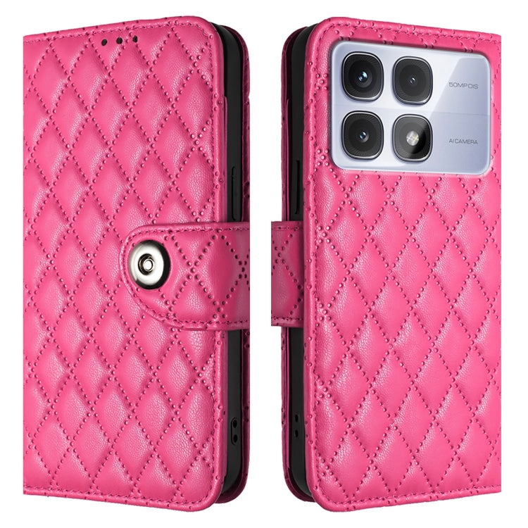 For Redmi K70 Ultra 5G Global Rhombic Texture Flip Leather Phone Case with Lanyard(Rose Red) - Xiaomi Cases by buy2fix | Online Shopping UK | buy2fix