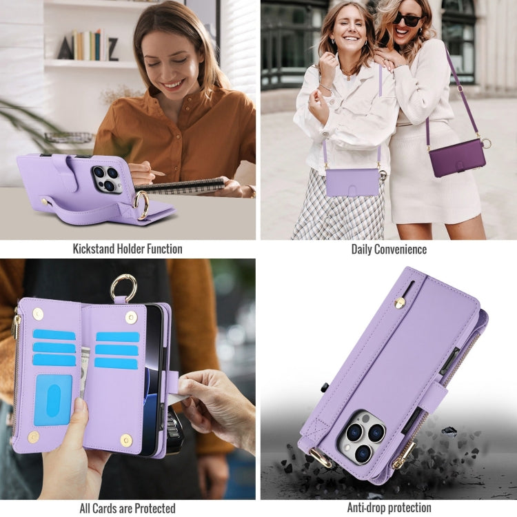 For iPhone 16 Pro Max Crossbody Ring Multifunctional Wallet Leather Phone Case(Purple) - iPhone 16 Pro Max Cases by buy2fix | Online Shopping UK | buy2fix