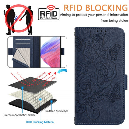 For iPhone SE 2024 Embossed Rose RFID Anti-theft Leather Phone Case(Dark Blue) - More iPhone Cases by buy2fix | Online Shopping UK | buy2fix