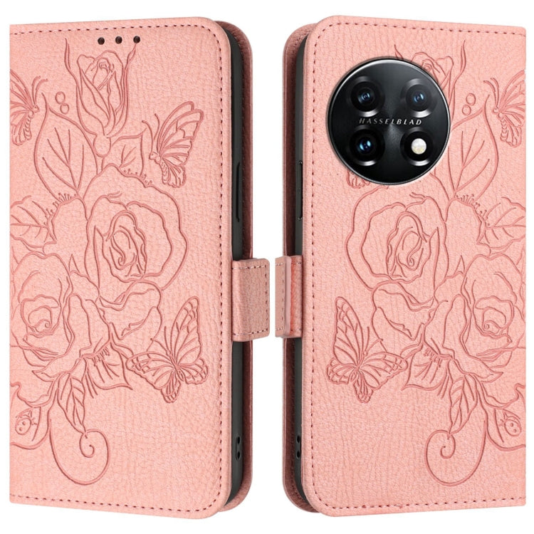 For OnePlus 11 Embossed Rose RFID Anti-theft Leather Phone Case(Pink) - OnePlus Cases by buy2fix | Online Shopping UK | buy2fix