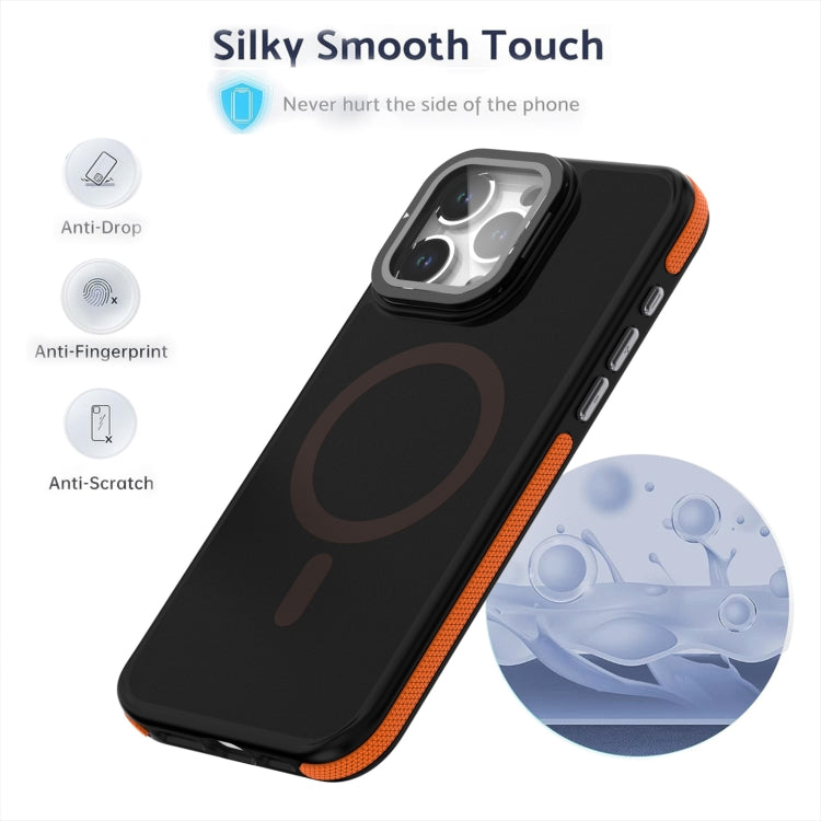 For iPhone 16 Plus Magsafe Dual-Color Skin Feel Lens Film Phone Case with Lens Fold Holder(Orange) - iPhone 16 Plus Cases by buy2fix | Online Shopping UK | buy2fix