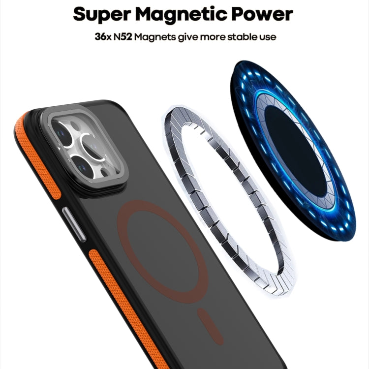 For iPhone 16 Plus Magsafe Dual-Color Skin Feel Lens Film Phone Case with Lens Fold Holder(Orange) - iPhone 16 Plus Cases by buy2fix | Online Shopping UK | buy2fix