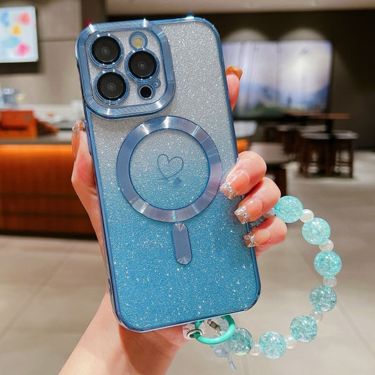 For iPhone 15 Pro Loves Gradient Glitter Bracelets Carbon Fiber Magsafe TPU Phone Case(Blue) - iPhone 15 Pro Cases by buy2fix | Online Shopping UK | buy2fix