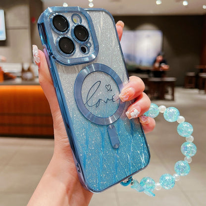 For iPhone 16 Pro Max Dual-Love Leaves Gradient Glitter Bracelets Magsafe TPU Phone Case(Blue) - iPhone 16 Pro Max Cases by buy2fix | Online Shopping UK | buy2fix