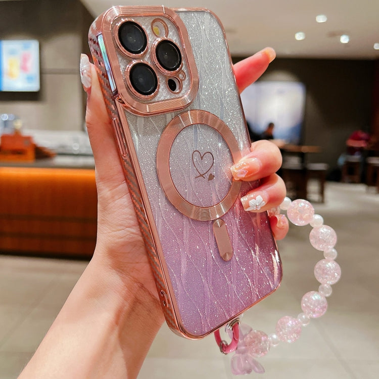 For iPhone 12 Pro Loves Leaves Gradient Glitter Bracelets Carbon Fiber Magsafe TPU Phone Case(Pink) - iPhone 12 / 12 Pro Cases by buy2fix | Online Shopping UK | buy2fix