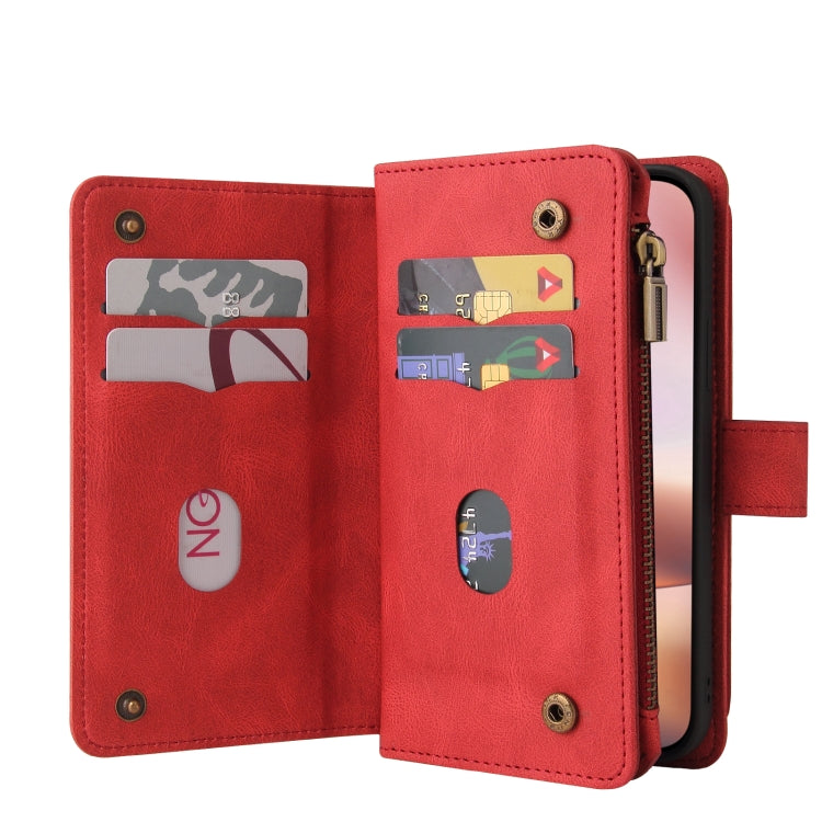 For iPhone 16 Plus Skin Feel Multi Card Slots Zipper Wallet Leather Phone Case(Red) - iPhone 16 Plus Cases by buy2fix | Online Shopping UK | buy2fix