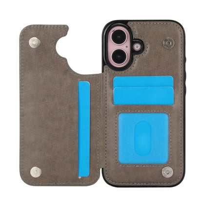 For iPhone 16 Double Buckle Butterfly Embossing PU Phone Case(Grey) - iPhone 16 Cases by buy2fix | Online Shopping UK | buy2fix