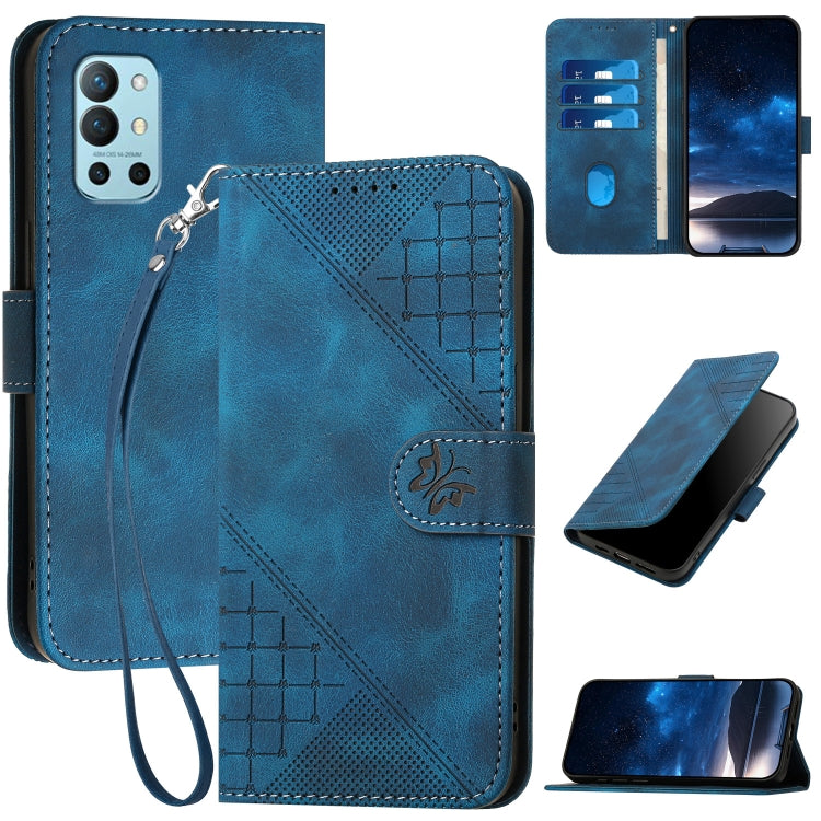 For OnePlus 11 YX0080 Grid Butterfly Embossed Pattern Flip Leather Phone Case with Lanyard(Dark Blue) - OnePlus Cases by buy2fix | Online Shopping UK | buy2fix