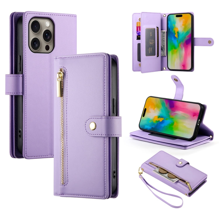 For iPhone 16 Pro Max Nine Card-slot Zipper Wallet Bag Leather Phone Case(Purple) - iPhone 16 Pro Max Cases by buy2fix | Online Shopping UK | buy2fix