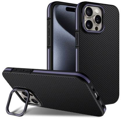 For iPhone 16 Pro Carbon Fiber Texture Lens Holder TPU Phone Case(Purple) - iPhone 16 Pro Cases by buy2fix | Online Shopping UK | buy2fix