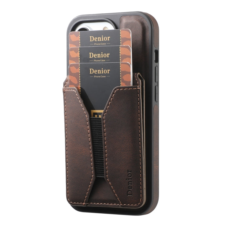 For iPhone 14 / 13 Denior D18 Skin Feel Rotating Holder MagSafe Detachable Card Slot Phone Case(Brown) - iPhone 14 Cases by Denior | Online Shopping UK | buy2fix