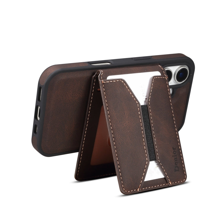 For iPhone 16 Plus Denior D18 Skin Feel Rotating Holder MagSafe Detachable Card Slot Phone Case(Brown) - iPhone 16 Plus Cases by Denior | Online Shopping UK | buy2fix