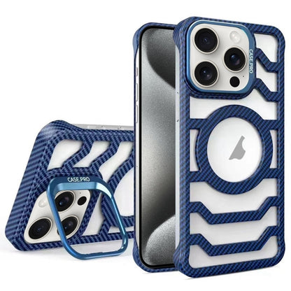 For iPhone 15 Pro Borderless Carbon Fiber Lens Protection Bracket MagSafe Phone Case(Blue) - iPhone 15 Pro Cases by buy2fix | Online Shopping UK | buy2fix