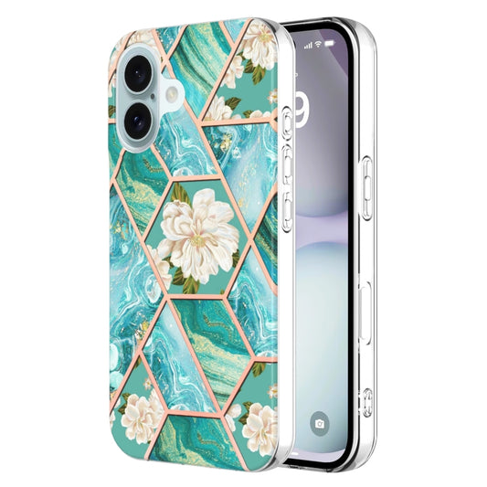 For iPhone 16 Plus Splicing Marble Flower IMD TPU Phone Case(Blue Flower) - iPhone 16 Plus Cases by buy2fix | Online Shopping UK | buy2fix