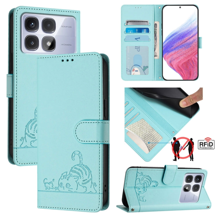 For Redmi K70 Ultra 5G Global Cat Rat Embossed Pattern RFID Leather Phone Case with Lanyard(Mint Green) - Xiaomi Cases by buy2fix | Online Shopping UK | buy2fix