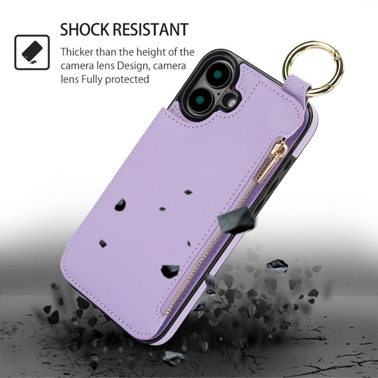 For iPhone 16 RFlD Anti-theft Double Buckle Ring Zipper Card Phone Case(Purple) - iPhone 16 Cases by buy2fix | Online Shopping UK | buy2fix