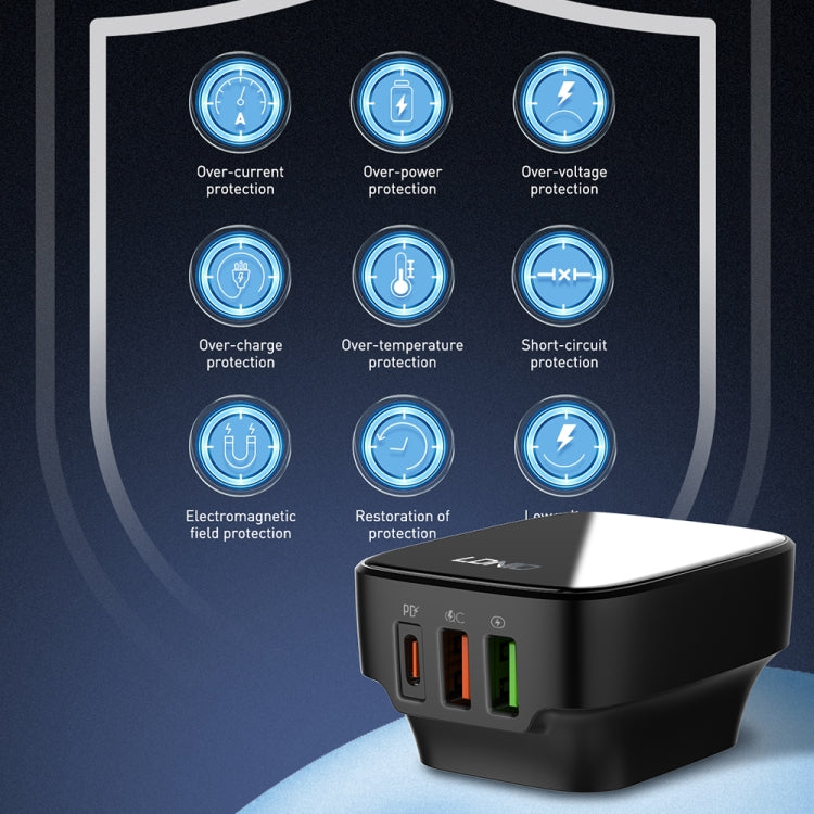 LDNIO Q334 32W Type-C + Dual USB Port Charger with 1m USB-C / Type-C to 8 Pin Data Cable, Plug Type:EU Plug(Black) - USB Charger by LDNIO | Online Shopping UK | buy2fix