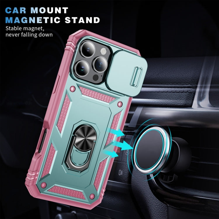 For iPhone 16 Pro Sliding Camshield TPU + PC Phone Case with Holder(Green+Pink) - iPhone 16 Pro Cases by buy2fix | Online Shopping UK | buy2fix