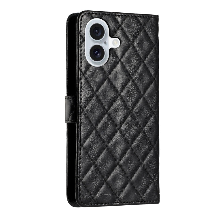 For iPhone 16 Rhombus Lattice Texture Leather Phone Case(Black) - iPhone 16 Cases by buy2fix | Online Shopping UK | buy2fix