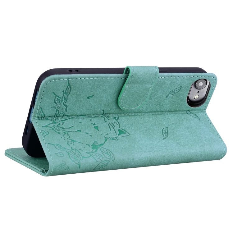 For iPhone 16e Cute Cat Embossed Leather Phone Case(Green) - iPhone 16e Cases by buy2fix | Online Shopping UK | buy2fix