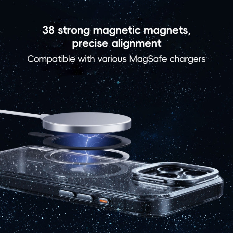 For iPhone 16 Plus Glitter Powder Lens Holder MagSafe Magnetic Phone Case(Transparent Titanium Blue) - iPhone 16 Plus Cases by buy2fix | Online Shopping UK | buy2fix