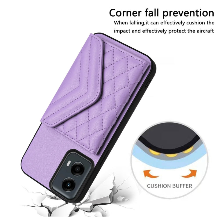 For Motorola Moto G 5G 2024 Rhombic Texture Card Bag RFID Phone Case with Long Lanyard(Light Purple) - Motorola Cases by buy2fix | Online Shopping UK | buy2fix