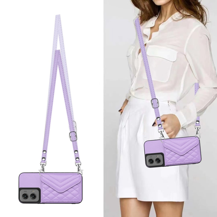 For Motorola Moto G Stylus 5G 2024 Rhombic Texture Card Bag RFID Phone Case with Long Lanyard(Light Purple) - Motorola Cases by buy2fix | Online Shopping UK | buy2fix