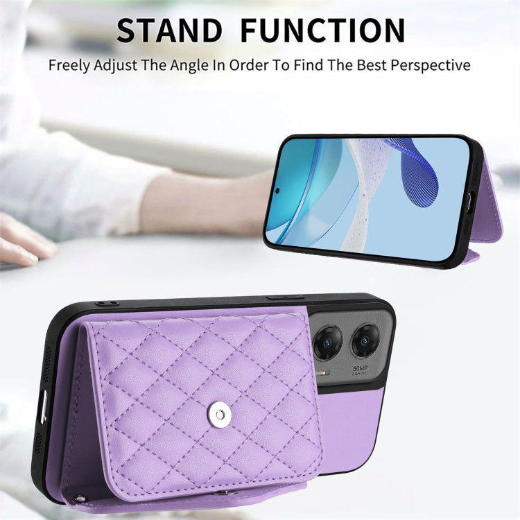 For Motorola Moto G Stylus 5G 2024 Rhombic Texture Card Bag RFID Phone Case with Long Lanyard(Light Purple) - Motorola Cases by buy2fix | Online Shopping UK | buy2fix