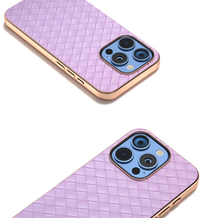 For iPhone 16 Pro Electroplated Frame Woven Texture PU Phone Case(Purple) - iPhone 16 Pro Cases by buy2fix | Online Shopping UK | buy2fix