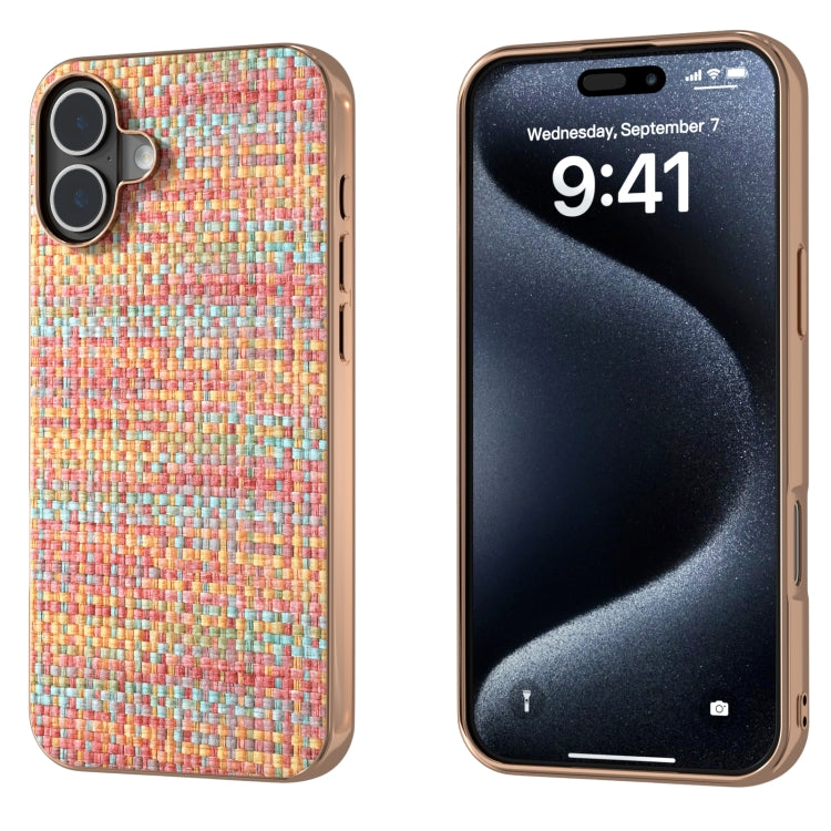 For iPhone 16 Plus Electroplated Frame Color Lattice Texture PU Phone Case(Tangerine) - iPhone 16 Plus Cases by buy2fix | Online Shopping UK | buy2fix