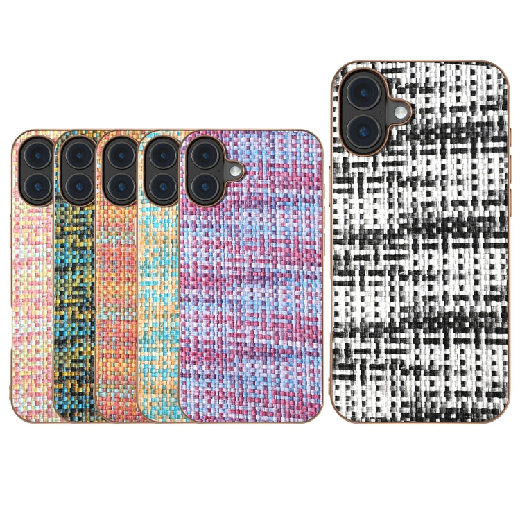 For iPhone 16 Plus Electroplated Frame Color Lattice Texture PU Phone Case(Tangerine) - iPhone 16 Plus Cases by buy2fix | Online Shopping UK | buy2fix