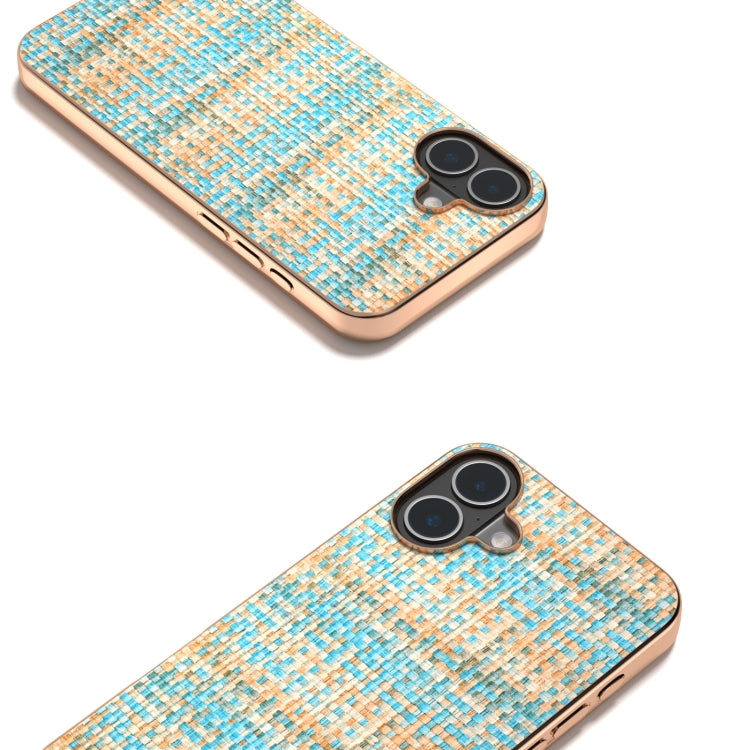 For iPhone 16 Electroplated Frame Color Lattice Texture PU Phone Case(Blue) - iPhone 16 Cases by buy2fix | Online Shopping UK | buy2fix