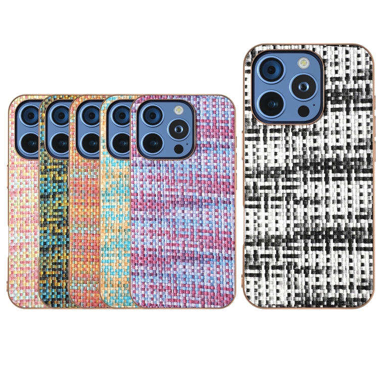 For iPhone 16 Pro Electroplated Frame Color Lattice Texture PU Phone Case(Tangerine) - iPhone 16 Pro Cases by buy2fix | Online Shopping UK | buy2fix