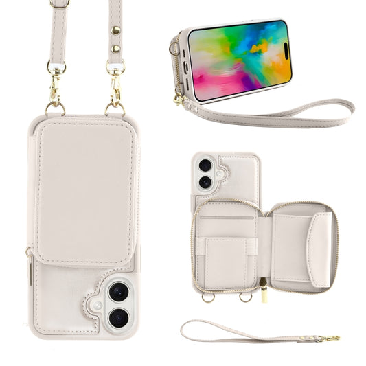 For iPhone 16 Crossbody Zipper Wallet Bag Leather Phone Case with Lanyard(White) - iPhone 16 Cases by buy2fix | Online Shopping UK | buy2fix